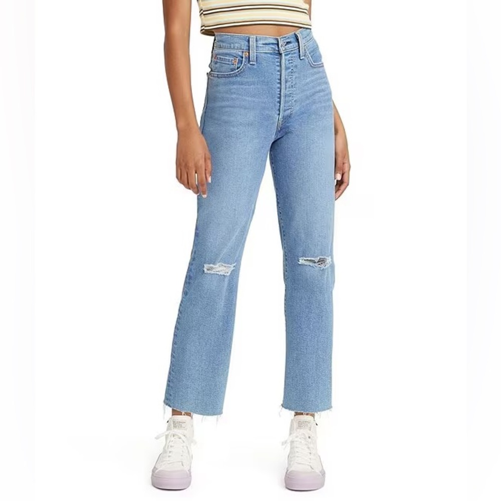 Levi's Ribcage High Rise Destructed Detail Straight Ankle Jeans